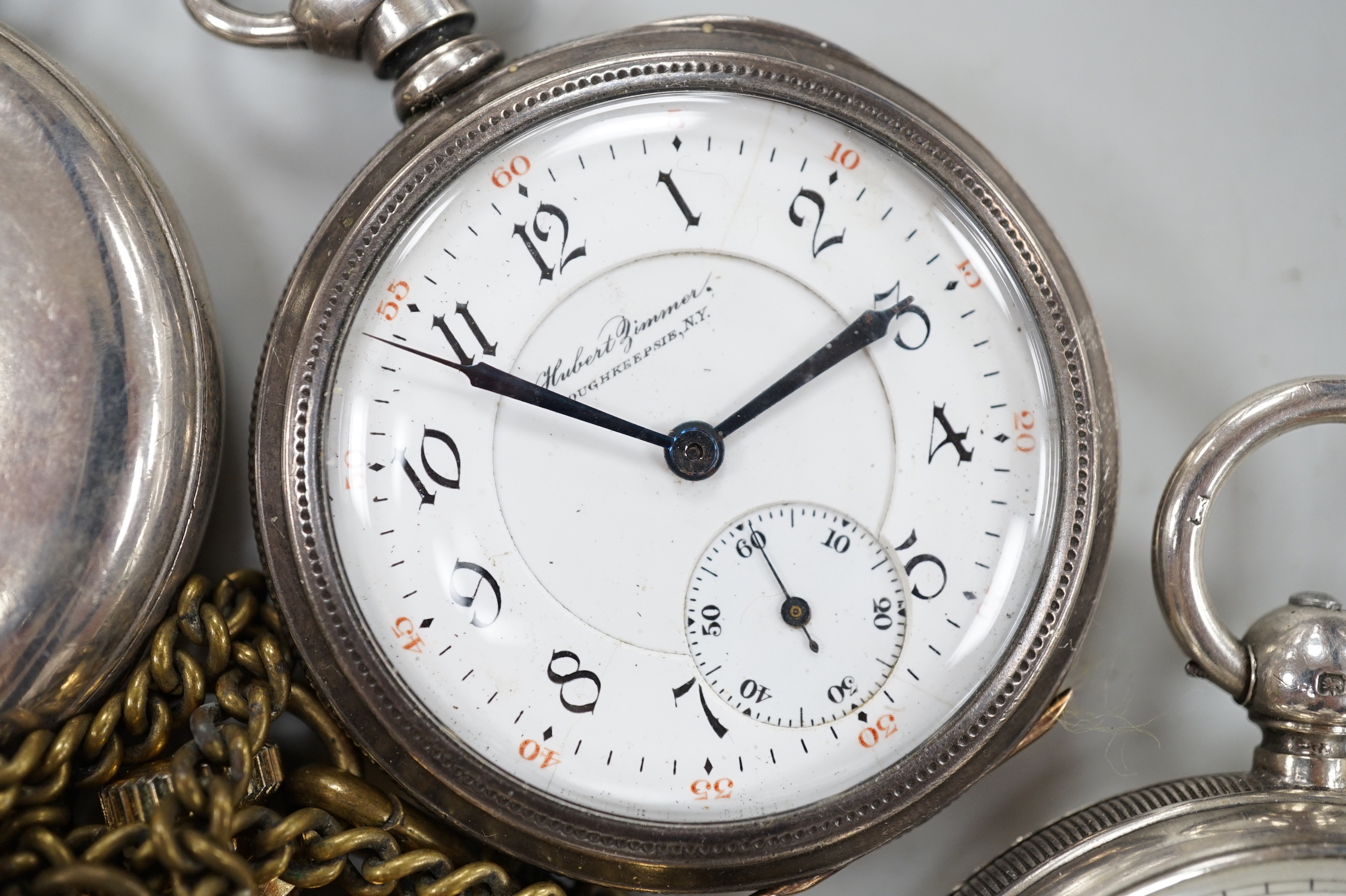 Eleven assorted silver or base metal pocket watches including Cymrex, Sun-Dial with decorated case and silver half hunter.